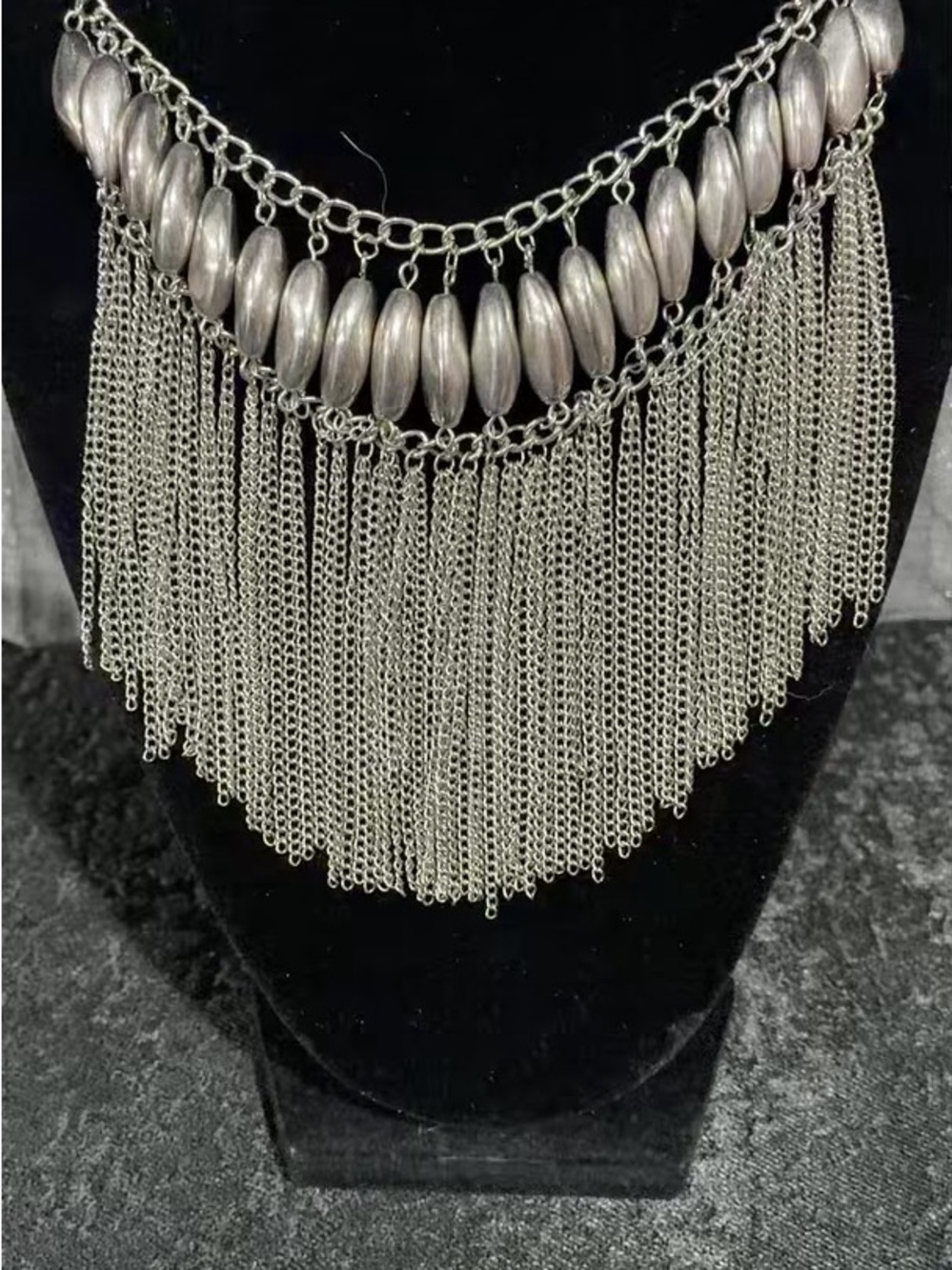 Boho Silver Chain Fringe Bib Necklace,Bohemian Tassel Collar